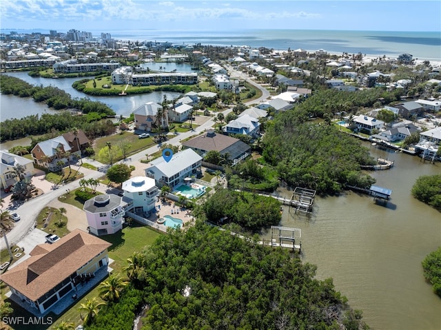 aerial view featuring a water view