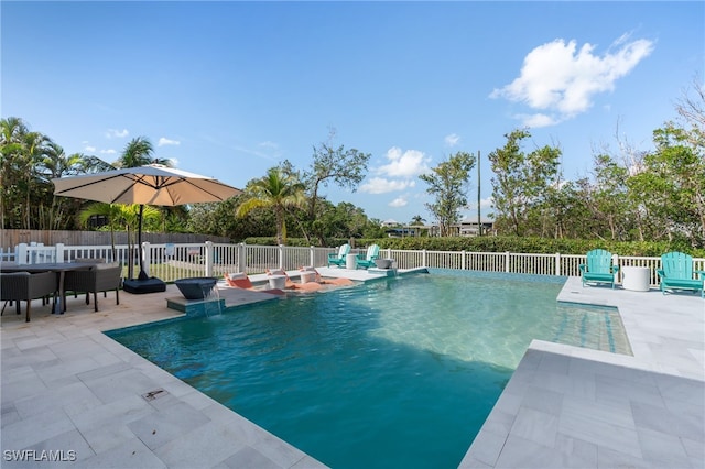 view of pool with pool water feature and a patio area