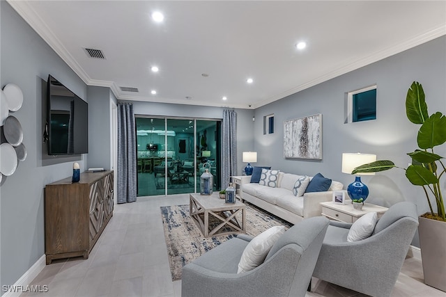 living room with crown molding