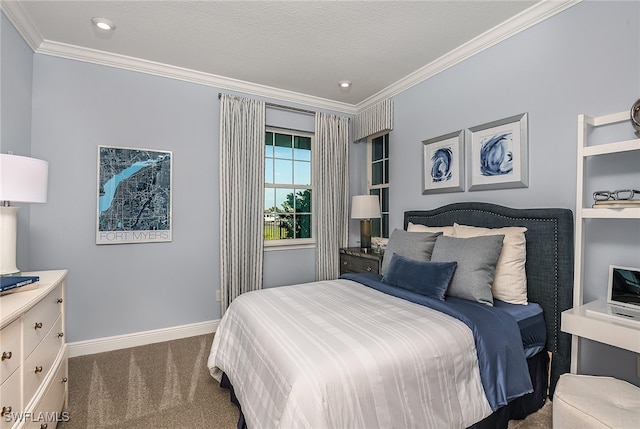 carpeted bedroom with a textured ceiling and crown molding