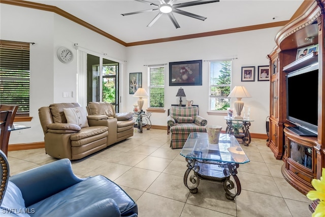 tiled living room featuring ceiling fan and ornamental molding