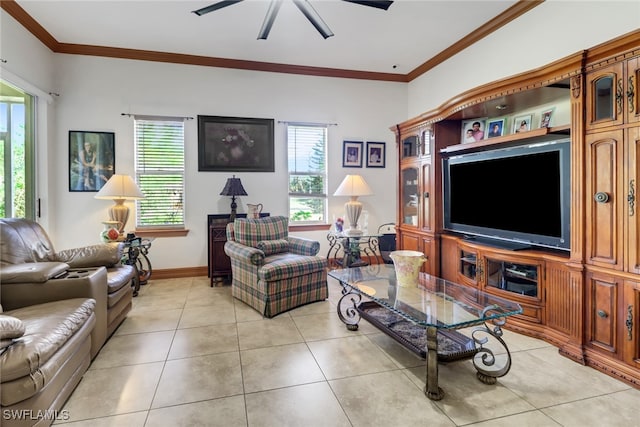 living room featuring a wealth of natural light, light tile patterned floors, and ornamental molding