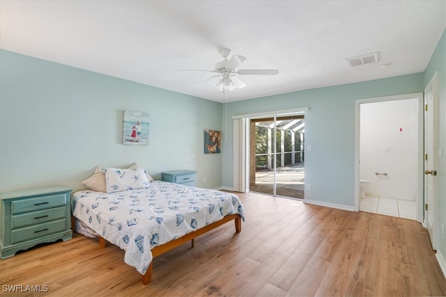 bedroom featuring access to exterior, light hardwood / wood-style floors, and ceiling fan