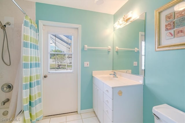 full bathroom with toilet, shower / bath combination with curtain, vanity, and tile patterned floors