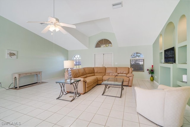 living room featuring ceiling fan, light tile patterned flooring, high vaulted ceiling, and built in shelves