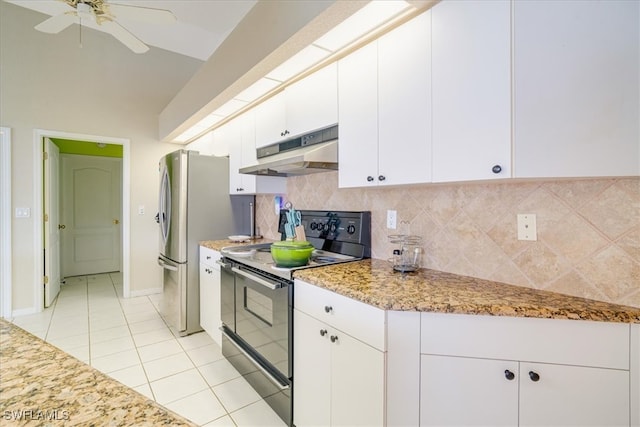 kitchen featuring white cabinetry, ceiling fan, stainless steel appliances, tasteful backsplash, and light tile patterned floors