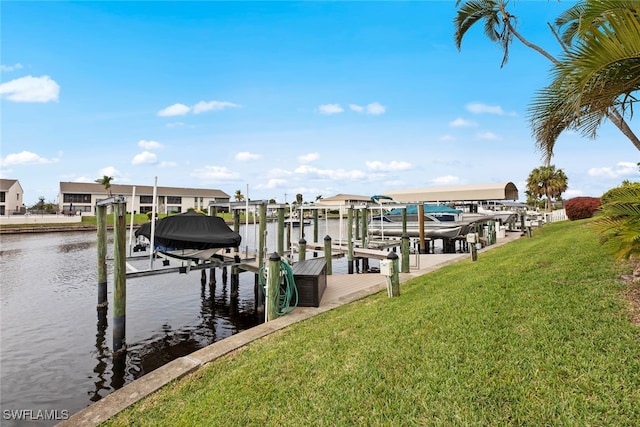 dock area with a yard and a water view