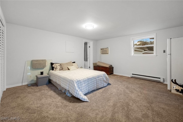 bedroom with a wall unit AC, baseboard heating, and carpet flooring