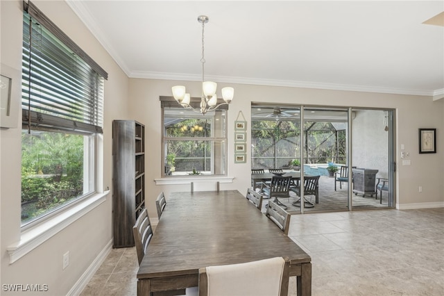 dining area with a chandelier, light tile patterned floors, and ornamental molding