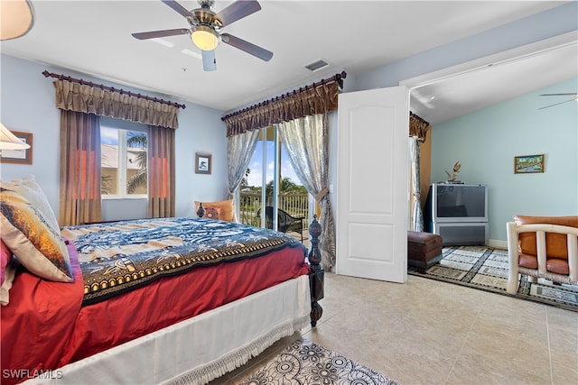 bedroom featuring access to exterior, multiple windows, and ceiling fan