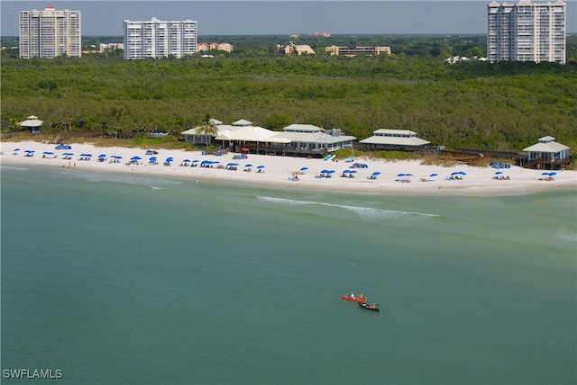 bird's eye view featuring a view of the beach and a water view