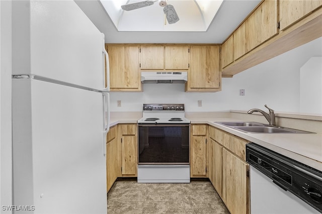 kitchen with ceiling fan, light brown cabinets, white appliances, and sink