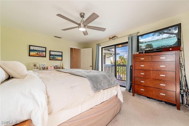 carpeted bedroom featuring access to exterior and ceiling fan