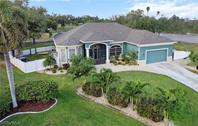 single story home with a garage and a front lawn