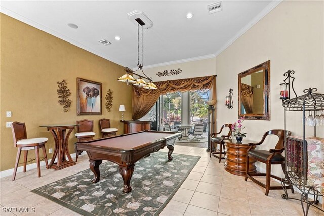 playroom with light tile patterned floors, baseboards, visible vents, and crown molding