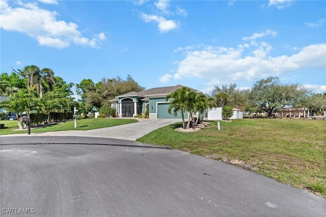 view of front of house with a front yard, concrete driveway, an attached garage, and stucco siding