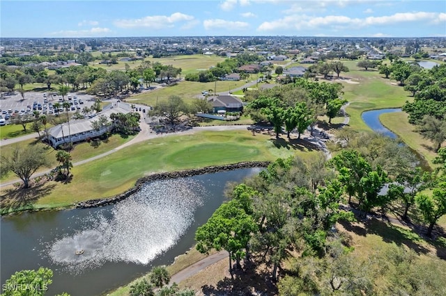 drone / aerial view featuring a water view and golf course view