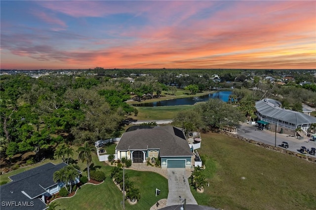 drone / aerial view featuring a water view