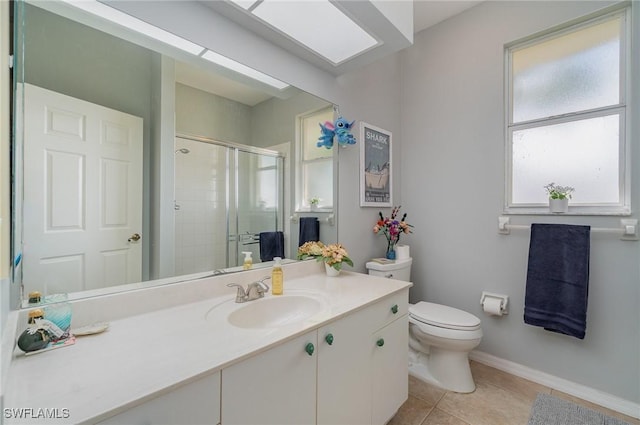 bathroom featuring an enclosed shower, vanity, tile patterned floors, and toilet