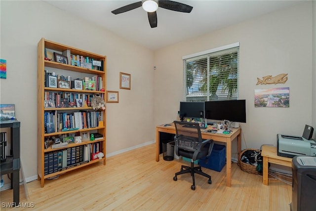 office area featuring ceiling fan and light hardwood / wood-style floors