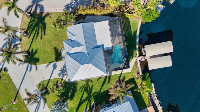 aerial view featuring a water view