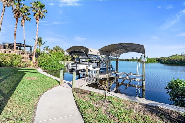 dock area with a yard and a water view