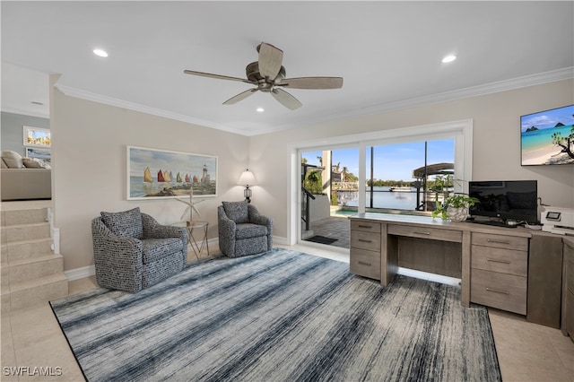 tiled home office with ceiling fan and crown molding