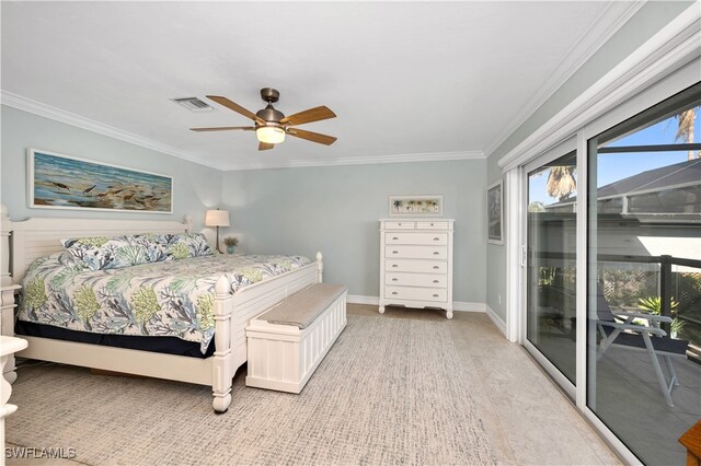 bedroom featuring access to outside, ceiling fan, crown molding, and light wood-type flooring