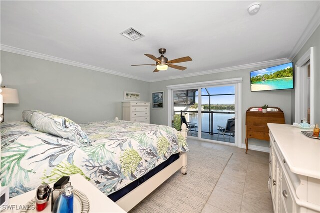 tiled bedroom with access to outside, ceiling fan, and ornamental molding