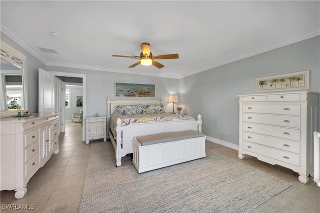 bedroom featuring ceiling fan, crown molding, and tile patterned flooring