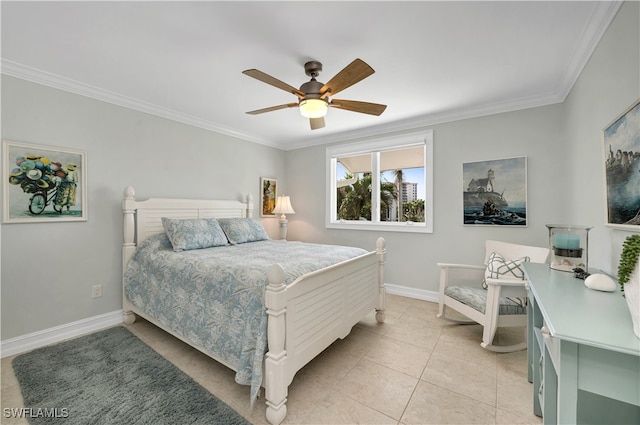 bedroom featuring ceiling fan, ornamental molding, and light tile patterned flooring