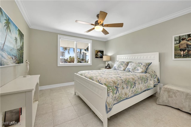 bedroom with ceiling fan, crown molding, and light tile patterned flooring