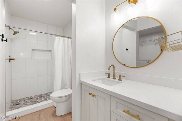 bathroom featuring wood-type flooring, vanity, curtained shower, and toilet