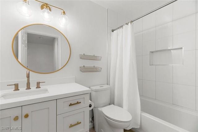 full bathroom with vanity, toilet, and shower / bathtub combination with curtain