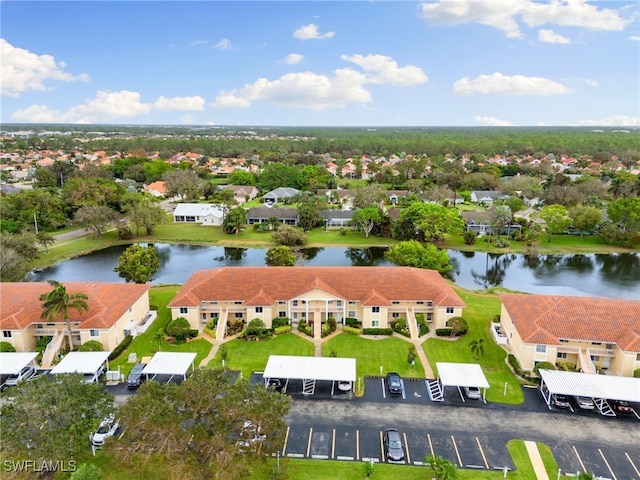 drone / aerial view featuring a water view