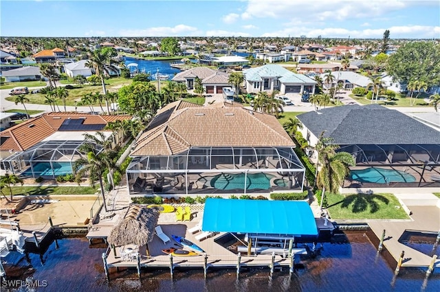 aerial view featuring a water view