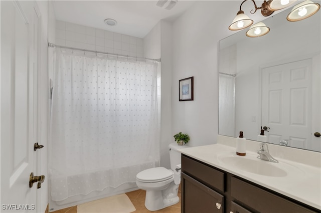 full bathroom featuring vanity, tile patterned flooring, toilet, and shower / bath combination with curtain