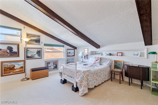 bedroom featuring carpet flooring, a textured ceiling, and vaulted ceiling with beams