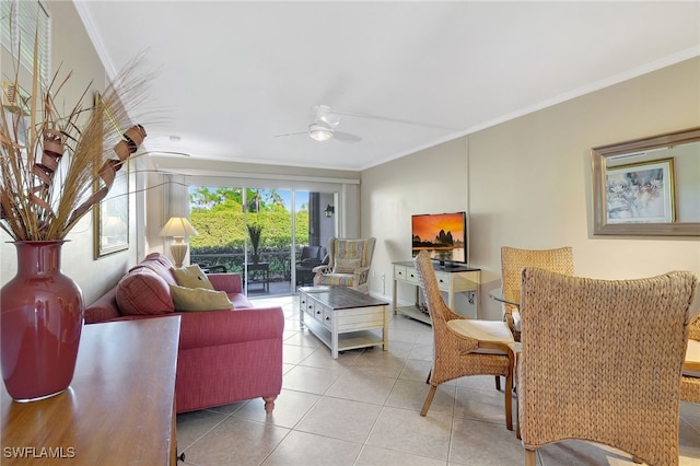 750 Mooring Line Dr Unit 105, Naples, FL 34102 - tiled living area featuring crown molding and ceiling fan