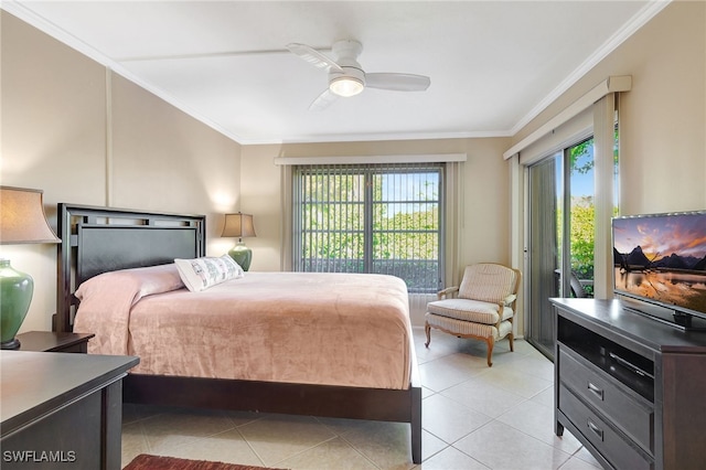 tiled bedroom featuring ceiling fan and crown molding