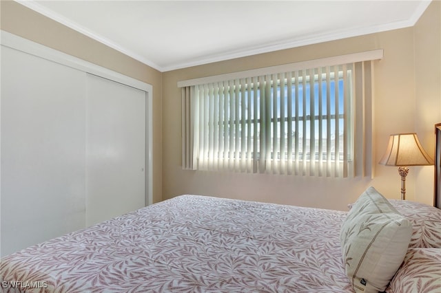 bedroom featuring crown molding and a closet