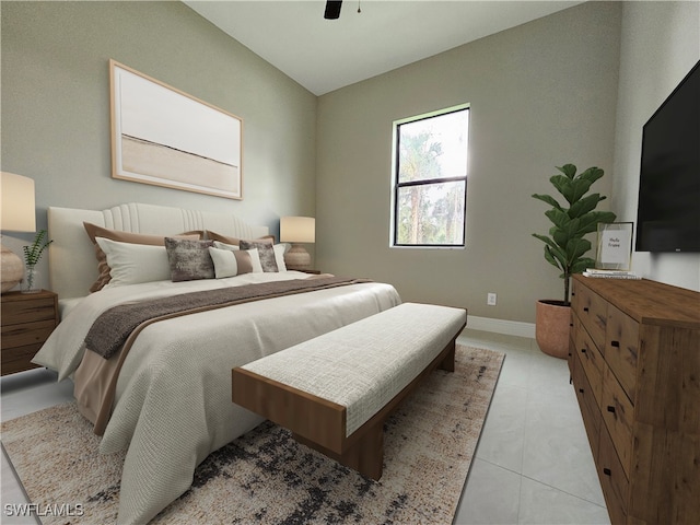 tiled bedroom with ceiling fan