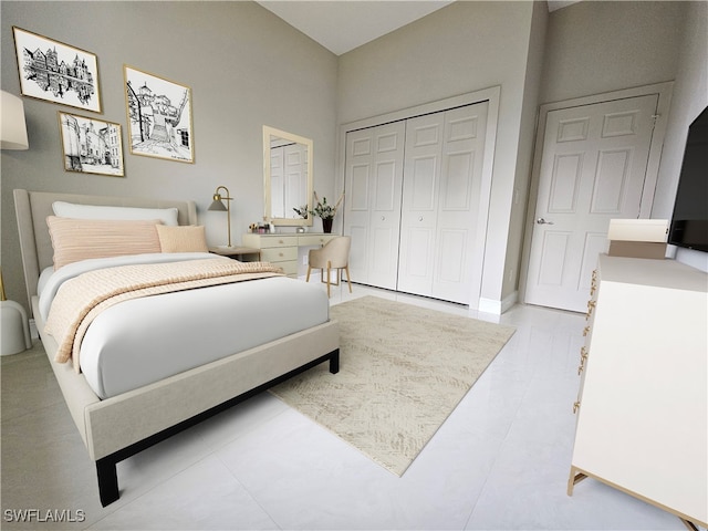 tiled bedroom featuring a closet