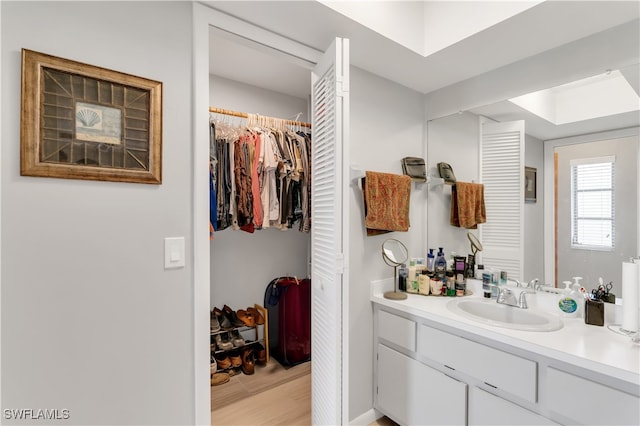 bathroom with hardwood / wood-style floors and vanity