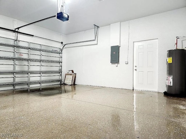 garage with electric water heater, a garage door opener, and electric panel