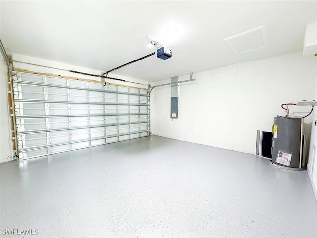 garage featuring a garage door opener, water heater, and electric panel