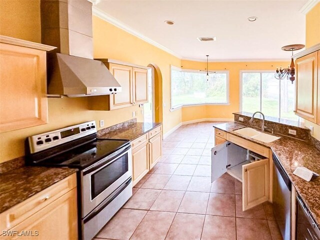 kitchen with appliances with stainless steel finishes, a sink, wall chimney exhaust hood, crown molding, and light tile patterned floors