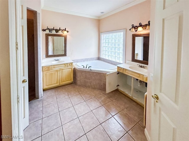 bathroom with tiled bath, vanity, tile patterned floors, and ornamental molding