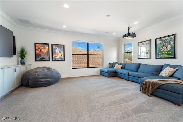 carpeted living room featuring ornamental molding