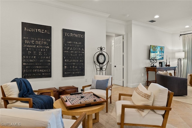 sitting room with light tile patterned floors and crown molding